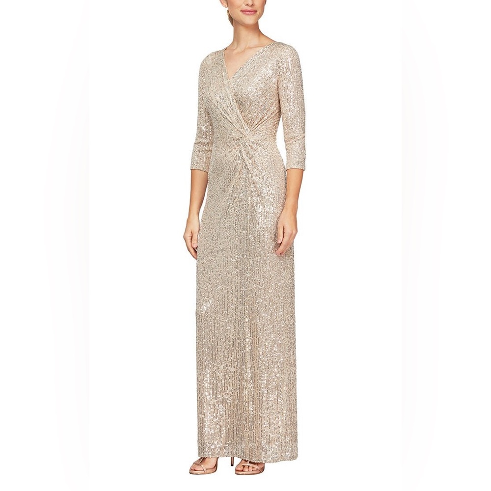 NWT Alex Evenings Sequin 3/4 Sleeve Column Back Split Gown Dress Sz 6